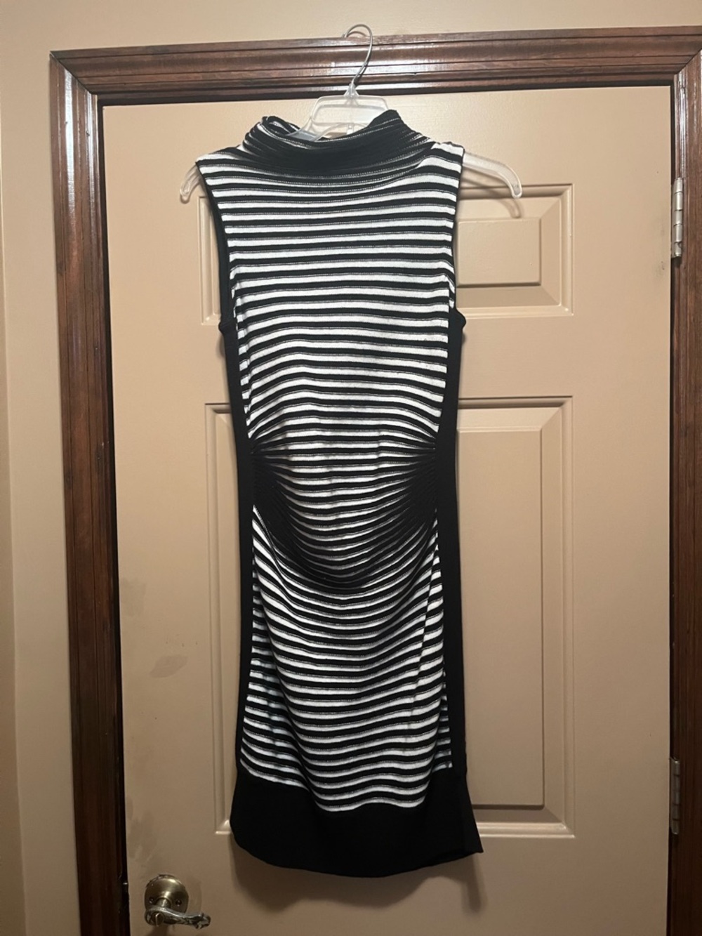 Fever Black and White Striped Sleeveless Mock Neck Dress